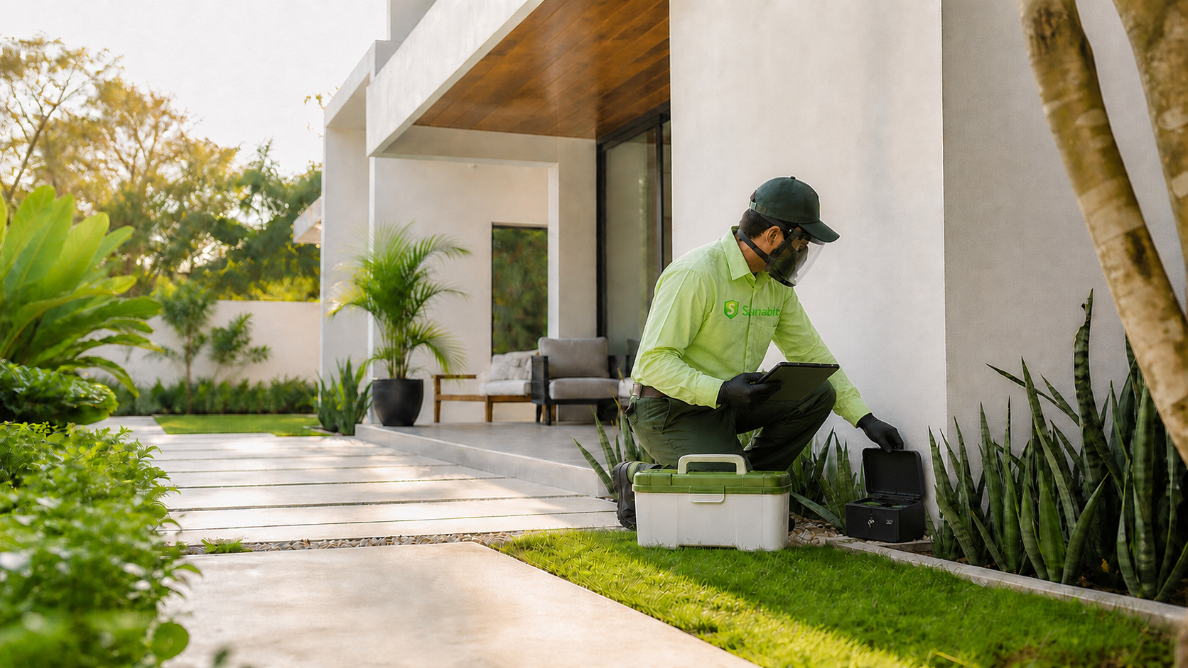 Técnico revisando un cebadero junto al muro de una vivienda