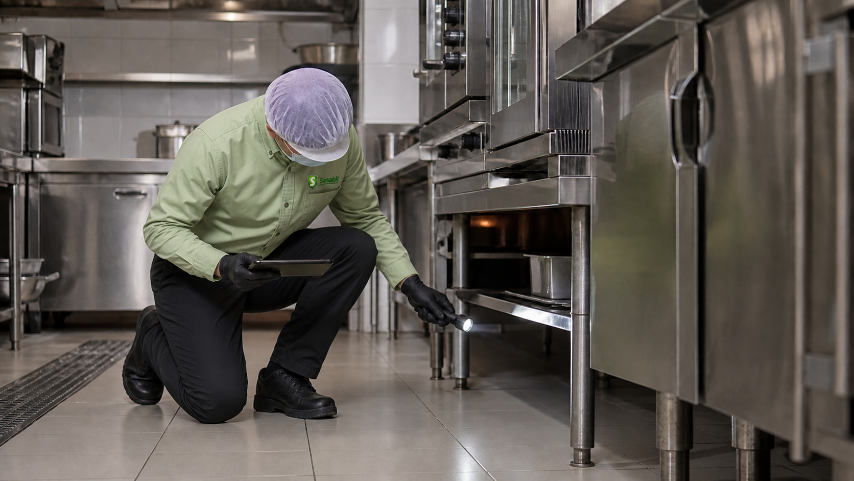 Técnico inspeccionando una cocina profesional